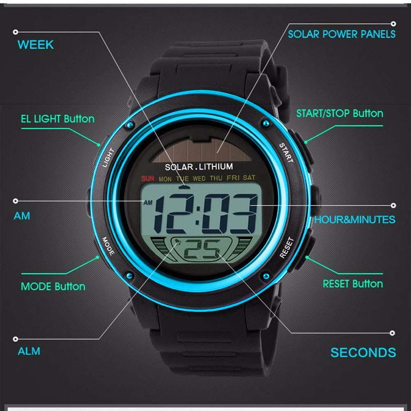 Solar Energy Watch for Kids, TOOCAT Digital Sport Watch Outdoor 50M Waterproof Stopwatch Military Electrical Wrist Watch for Boy Girl Children
