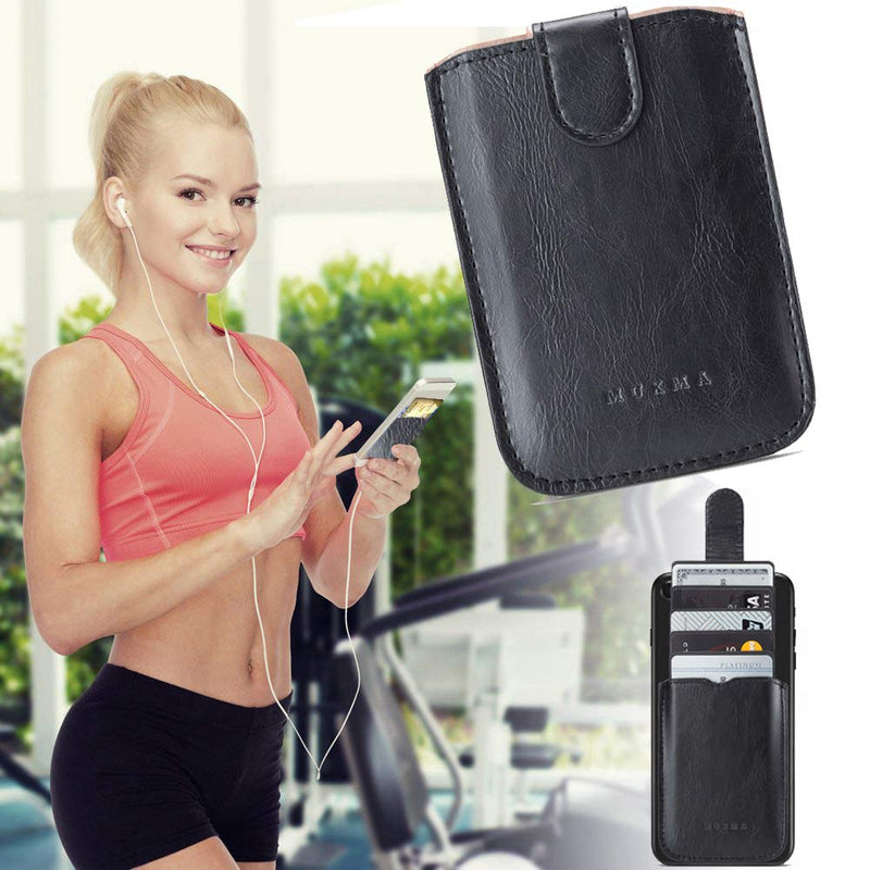 Phone Card Holder RFID Blocking Sleeve, Pu Leather Back Phone Wallet Stick-On Pull up 5 Card Holder Universally Pocket Covers Credit Cards Cash for iPhone/Android/Samsung/All Smartphones (Black) Black