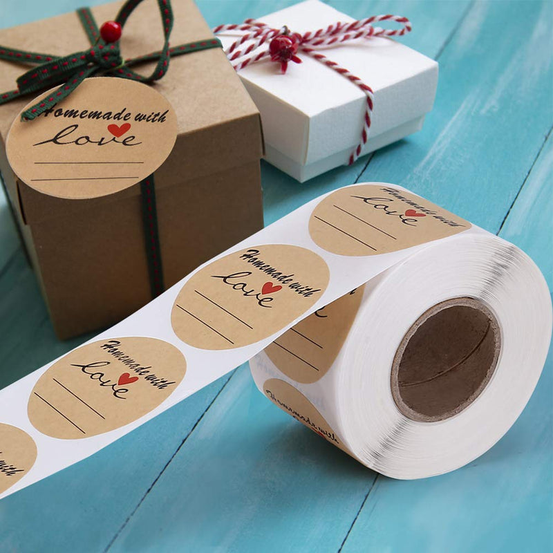 2" Round Kraft Homemade with Love Sticker with Lines for Writing, Black Font and Red Heart Canning Labels, 500 Labels per roll