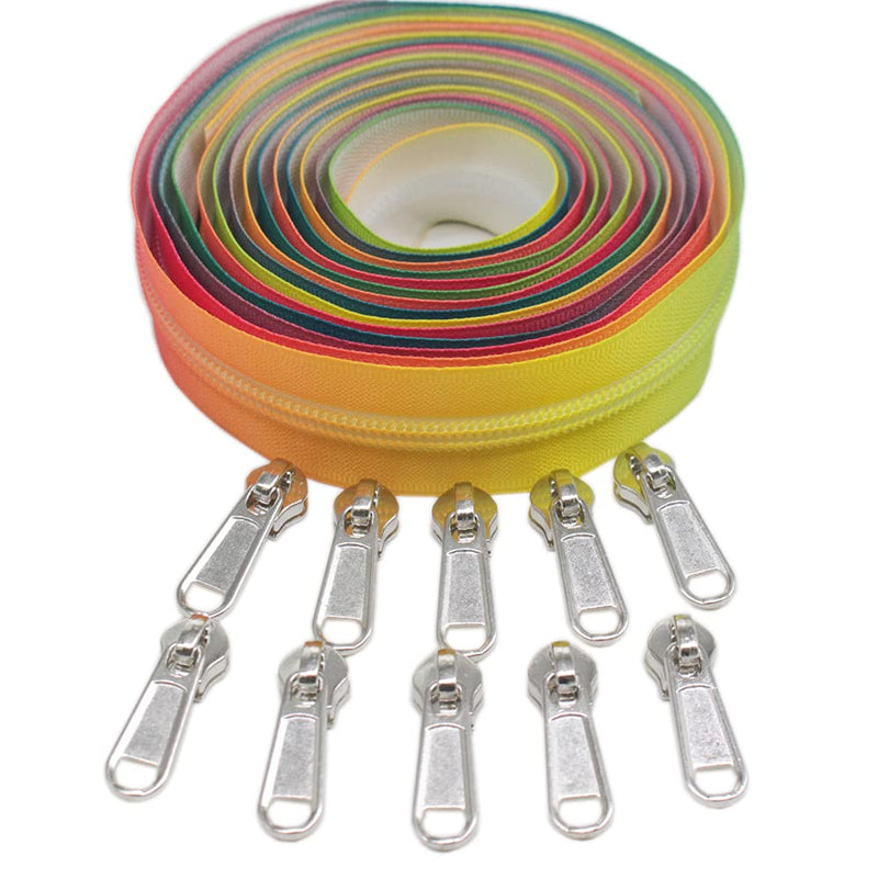 YaHoGa #5 Colorful Zipper Tape Nylon Coil Zippers by The Yard Bulk 5 Yards with 10pcs Silver Sliders for DIY Sewing Tailor Craft Bags (Rainbow Tape) Rainbow Tape