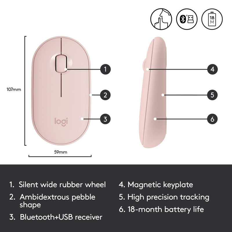 Logitech Pebble M350 Wireless Mouse with Bluetooth or USB - Silent, Slim Computer Mouse with Quiet Click for iPad, Laptop, Notebook, PC and Mac - Pink Rose