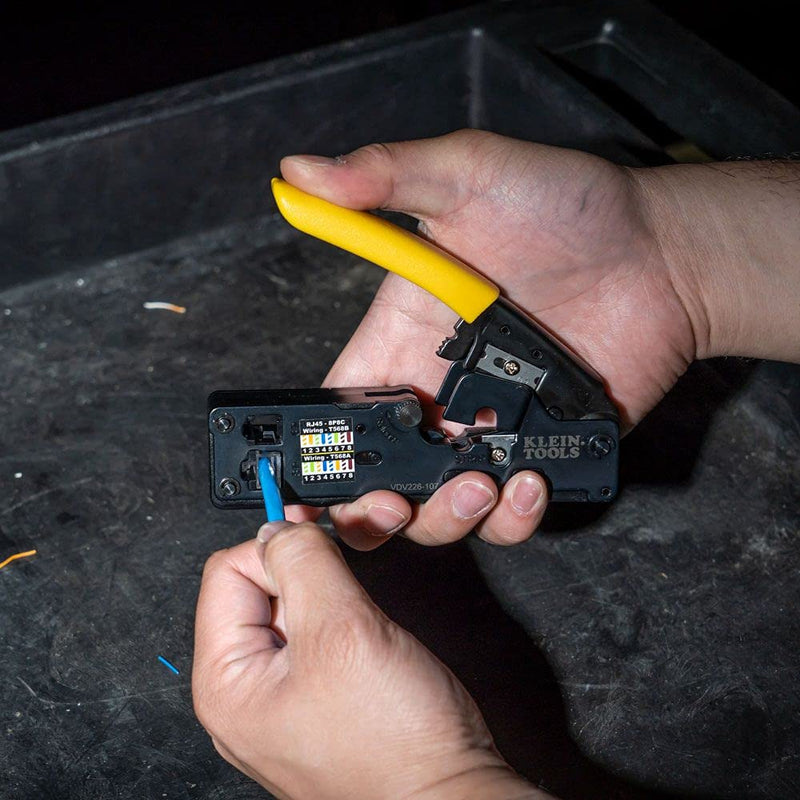 Klein Tools VDV226-107 Compact Ratcheting Modular Crimper / Cutter / Stripper for RJ45, RJ11/12, CAT6, CAT5e, CAT3, Flat-Satin Voice Cables, Yellow/Black Crimper, Data, Compact RJ45