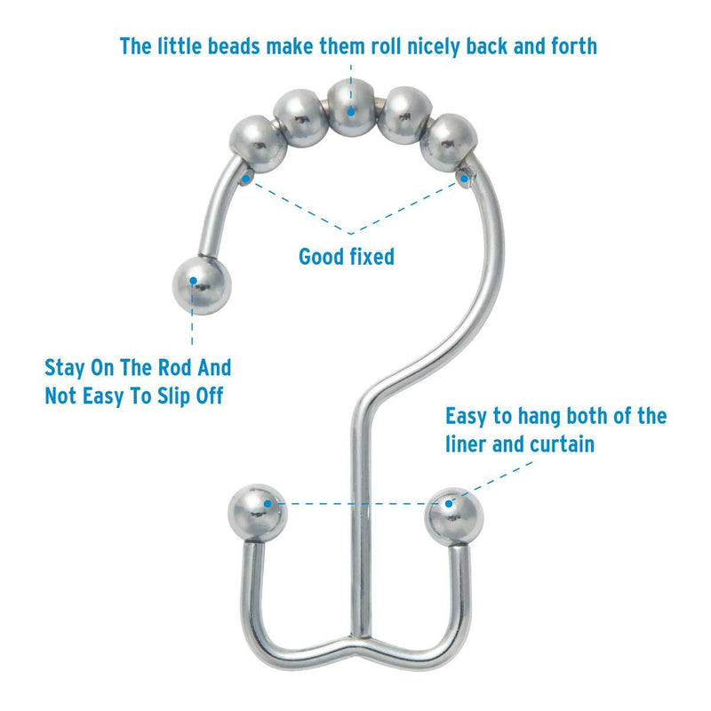 Titanker Shower Curtain Hooks Rings, Rust-Resistant Metal Double Glide Shower Hooks for Bathroom Shower Rods Curtains, Set of 12 Hooks - Chrome