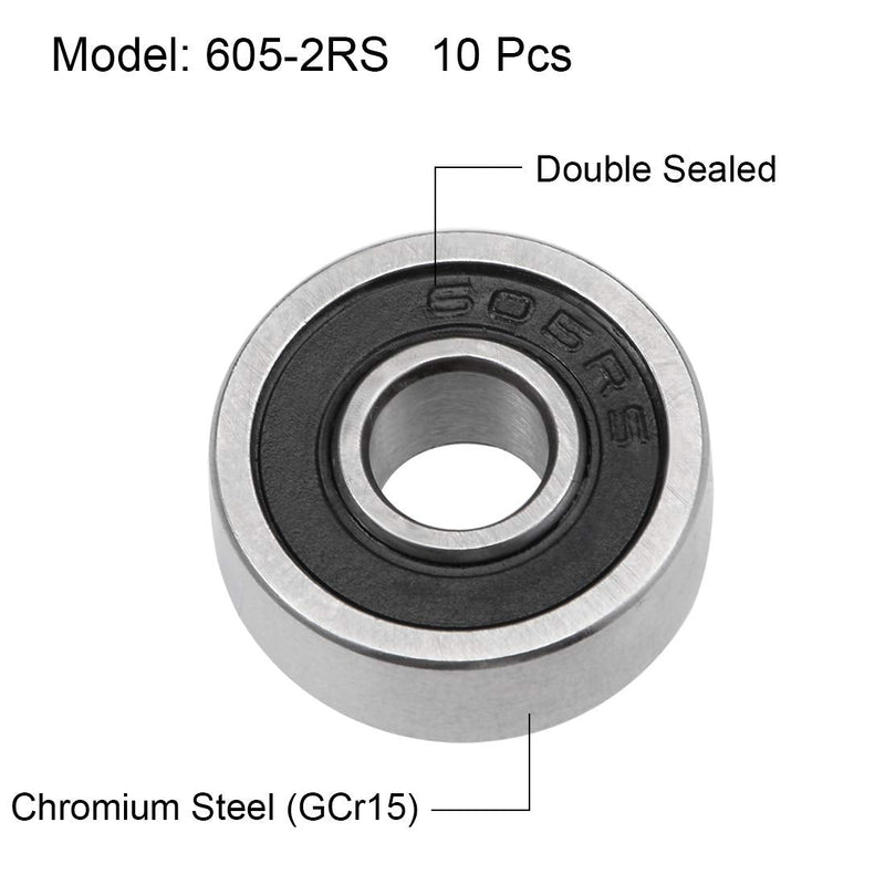 uxcell 605-2RS Deep Groove Ball Bearings 5mm Inner Dia 14mm OD 5mm Bore Double Sealed Chrome Steel Z2 10pcs 5mmx14mmx5mm