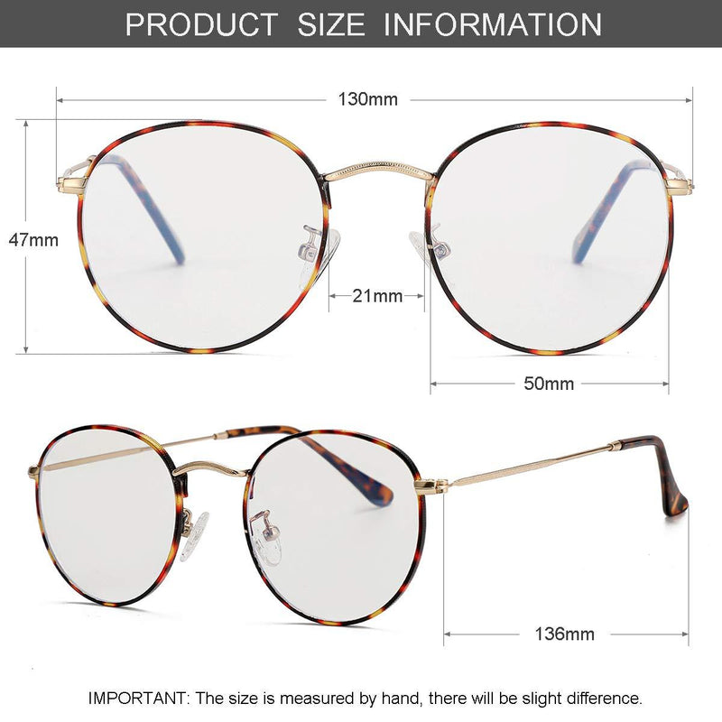 Blue Light Glasses for Women Men, Round Metal Frame Anti Bluelight Lens Computer Glasses 03 Tortoise 50 Millimeters