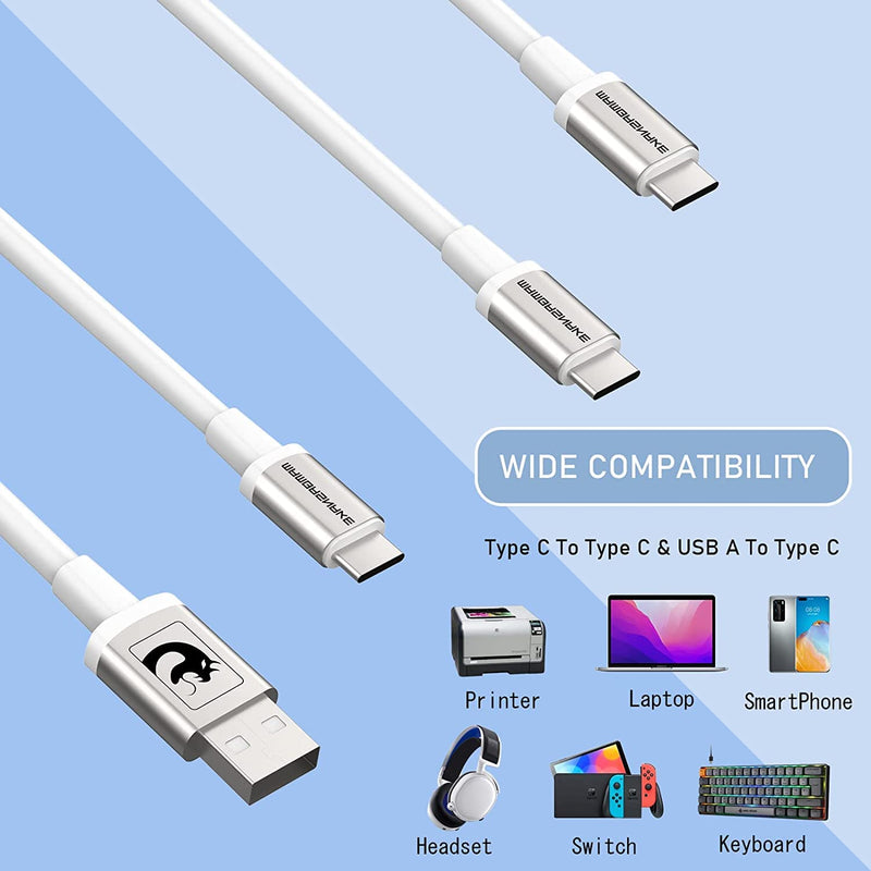 Coiled Keyboard Cable for Gaming Custom Keyboard,Double-Sleeved Coiled USB C Cable with Detachable Metal Aviator,2 in 1 USB C to A and C Cable for Mechanical Keybaord,Printer,Phone,Ipad,Xbox-White White