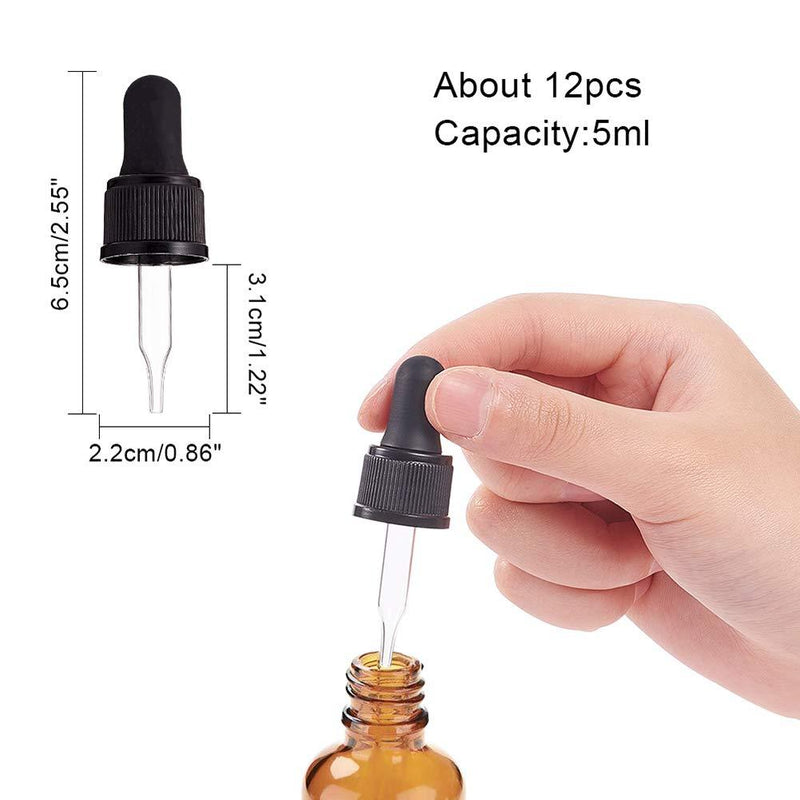 PH PandaHall Set of 12, Glass Eye Droppers for Essential Oil 5ml (1/6 Ounce) Pressure Rotating Cover Oil Droppers Pipettes Roller Tops for Essential Oil Bottles Fit for 5ml bottle