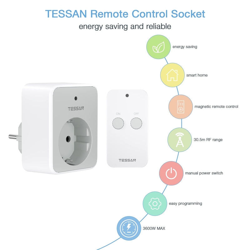 TESSAN radio-controlled socket with remote control, socket with 30.5 m range, 3600 W inside, switchable with magnetic, programmable