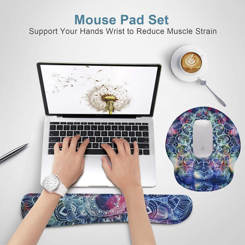 iVeze Keyboard Wrist Rest Pad and Mouse pad with Wrist Rest Support Set, Non Slip Rubber Base Wrist Support Mousepad with Ergonomic Comfy Gel Memory Foam for Home Office Efficient Working（Mandala Art) Mandala Arts