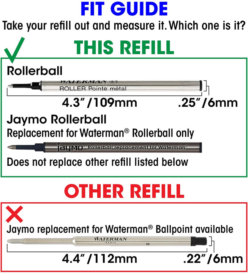 Jaymo Replacement for Waterman 540951 and Schmidt 5888 - Measures 4.3 in / 109 mm Long - Rollerball Pen Refill - 2 Black Black Waterman Rollerball 2