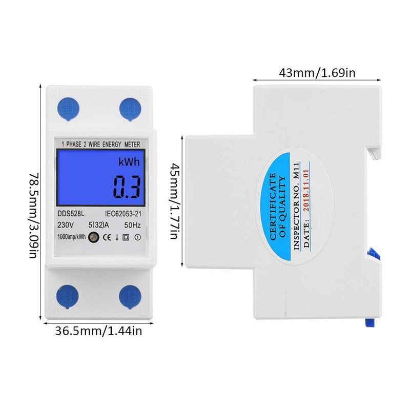 Electric Energy Meter, 5-32A 110-230V AC 50(60) Hz Single Phase Multi Function Watt Hour Meter with Multi Value LCD Display, Multipurpose KWh Voltage Current Power Meter, 35mm DIN Rail Mount