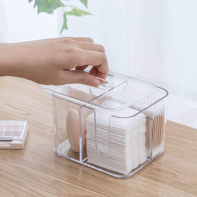 SUNFICON Cotton Pads Holder Organizer Cotton Swab Balls Box Holder Dispenser Storage Canister Cosmetic Pads Container Flossers Case 4-Grid Bathroom Countertop Vanity,Acrylic Crystal Clear 1 lid