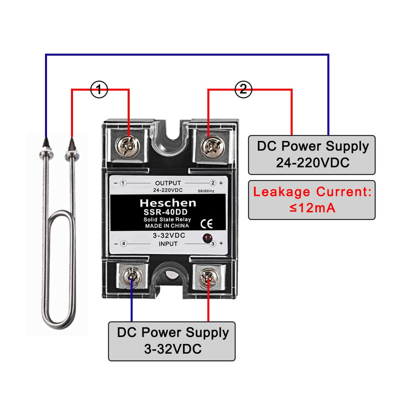 Heschen Single Phase DC/DC Solid State Relay SSR-40DD Input 4-32VDC Output 24-220VDC 40A 50-60Hz with Heatsink