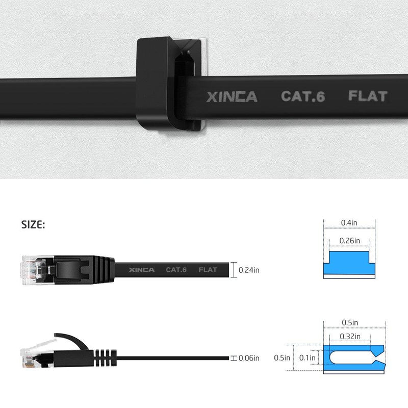 Cat6 Ethernet Cable 25 ft Black Gigabit Flat Network LAN Cable with 10 pcs Cable Clips Snagless Rj45 Connectors for Computer/Modem/Router/X-Box Faster Than Cat5e/Cat5 - XINCA E.25ft-black