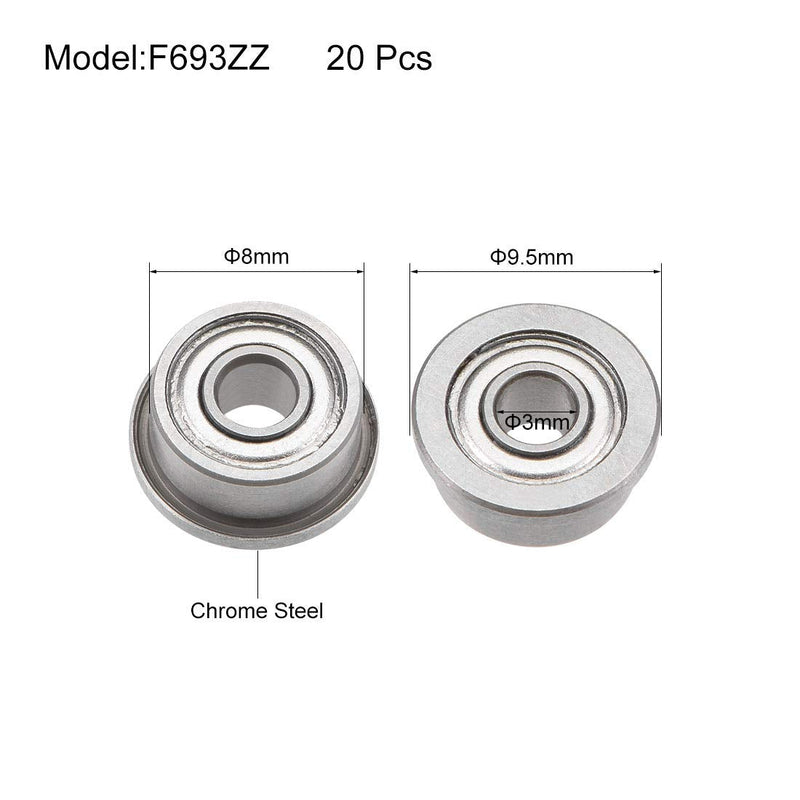uxcell F693ZZ Flanged Ball Bearing 3mmx8mmx4mm Double Shielded Chrome Steel Deep Groove Bearings 20pcs
