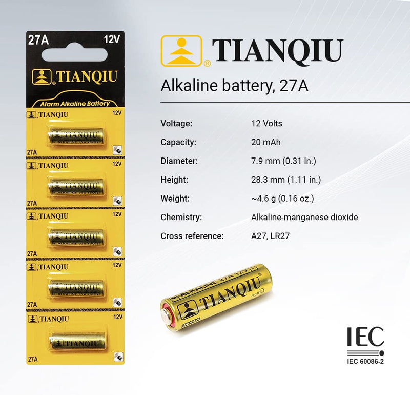 Tianqiu A27 12V Alkaline Battery, Tearstrip (25 Batteries) 25 Batteries
