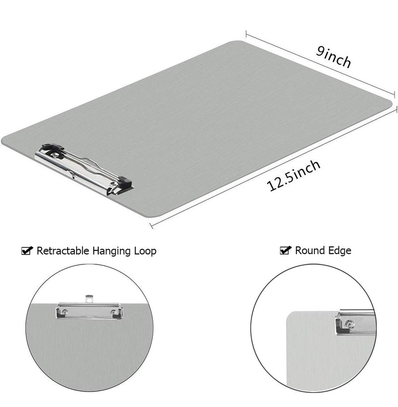 Metal Clipboard Recycled Aluminum Document Holder Steel Stainless Hangable Low Profile Clip Letter Size A4 File Paper Sheet, Ultra Quality for Office Business School Teach Jobsite Laboratory Medical Low Profile Clip 12x8.5in