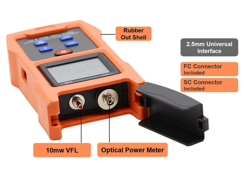 Optical Power Meter Combined with 10mw (8-10km) Visual Fault Locator Function, Fiber Light Tester with Rechargeable Battery and USB Charge Port