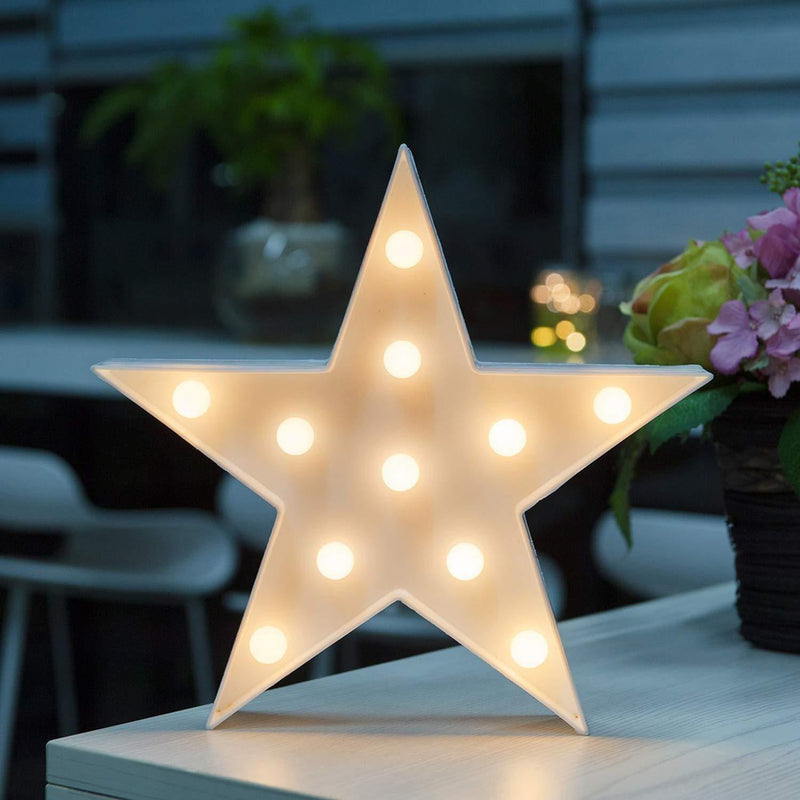 Novelty Place Designer Star Marquee Sign Lights, Warm White LED Lamp - Living Room, Bedroom Table & Wall Christmas Decoration for Kids & Adults - Battery Powered 10 Inches High
