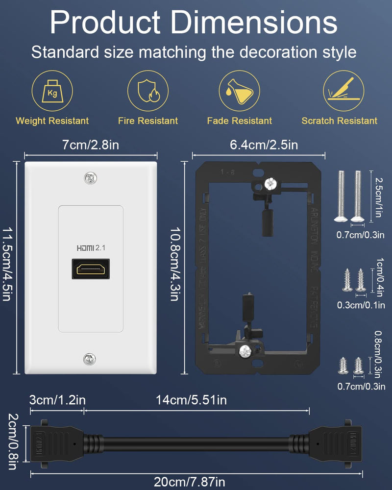 HDMI 2.1 Wall Plate, Electop 8K HDMI Wall Outlet Pass Through with Low Voltage Metal Mounting Bracket, Supports 8K@60Hz and 4K@120Hz, 3D, HDR, 48 Gbps HDMI Box, Fits Home Theater Systems 1 Port With Bracket
