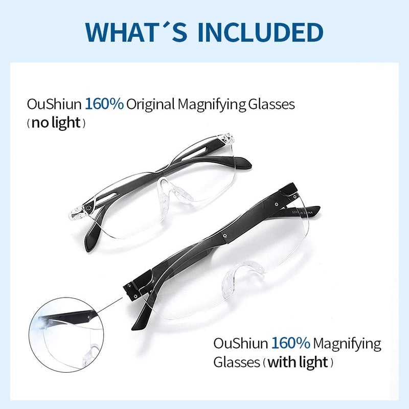 OuShiun Magnifying Glass with Light for Close Work 160% Lighted Magnifying Eyeglasses Rechargeable Led Lights for Readers Women Men Reading Small Prints Labels Hobbies (Black, 1.6X 2pack)