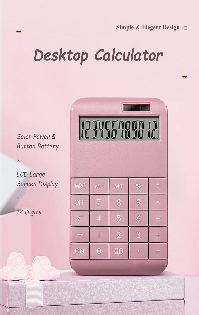 Electronic Calculators, SINLOOG 12-Digit LCD Large Display Dual Power Standard Function Solar Calculator, Big Sensitive Keys, Simple Elegant Design, School, Home, Office Calculator for Desk (Pink) Pink