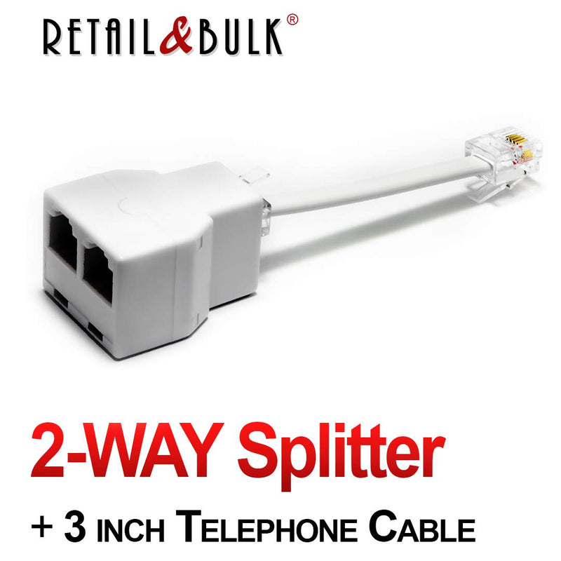 Phone Jack Splitter for Landline Telephone RJ11 6P4C 2 Way Adapter (1 Splitter + 3 Inch Cable) w/ 3 inch Cable White 1