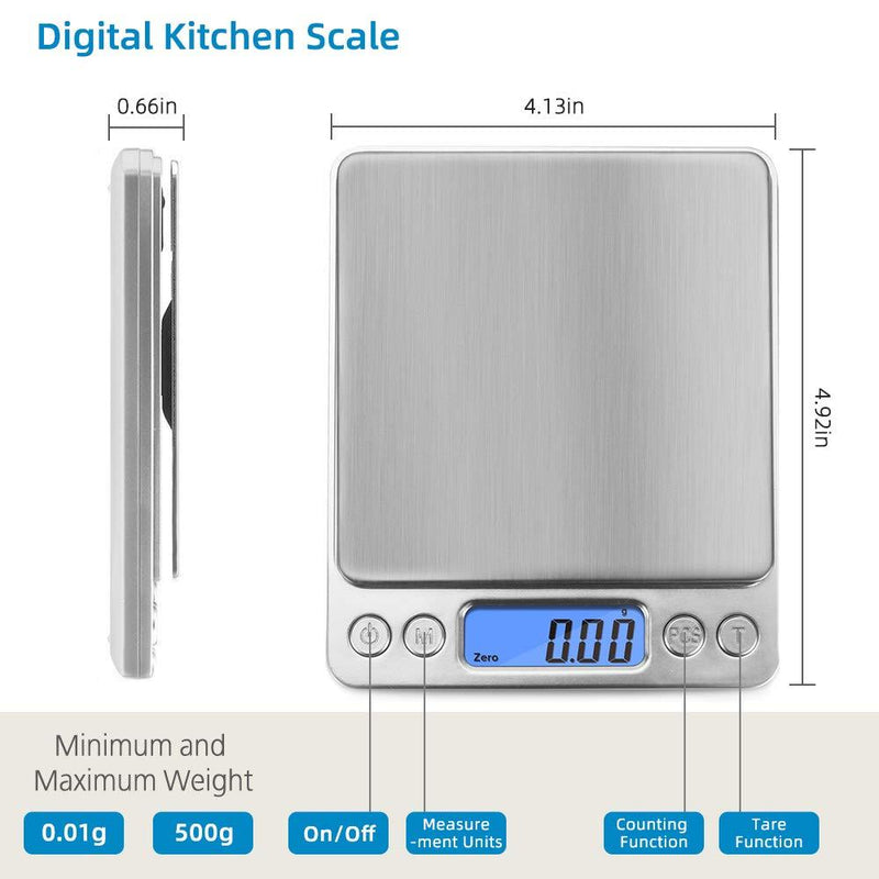 Digital Gram Scale Toprime 500g 0.01g Food Scale High Precision Kitchen Scale Multifunctional Stainless Steel Pocket Scale with Back-Lit LCD Display Tare PCS Features, Silver