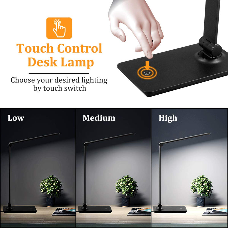 LED Desk Lamp, Touch Control Desk Lamp with 3 Levels Brightness, Dimmable Office Lamp with Adjustable Arm, Foldable Table Desk Lamp for Table Bedroom Bedside Office Study, 5000K, 8W, Black