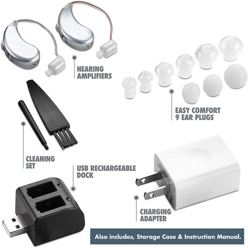 Digital Hearing Amplifiers - Pair of Rechargeable BTE Personal Sound Amplifier with USB Dock - Premium Behind The Ear Sound Amplification - by MEDca