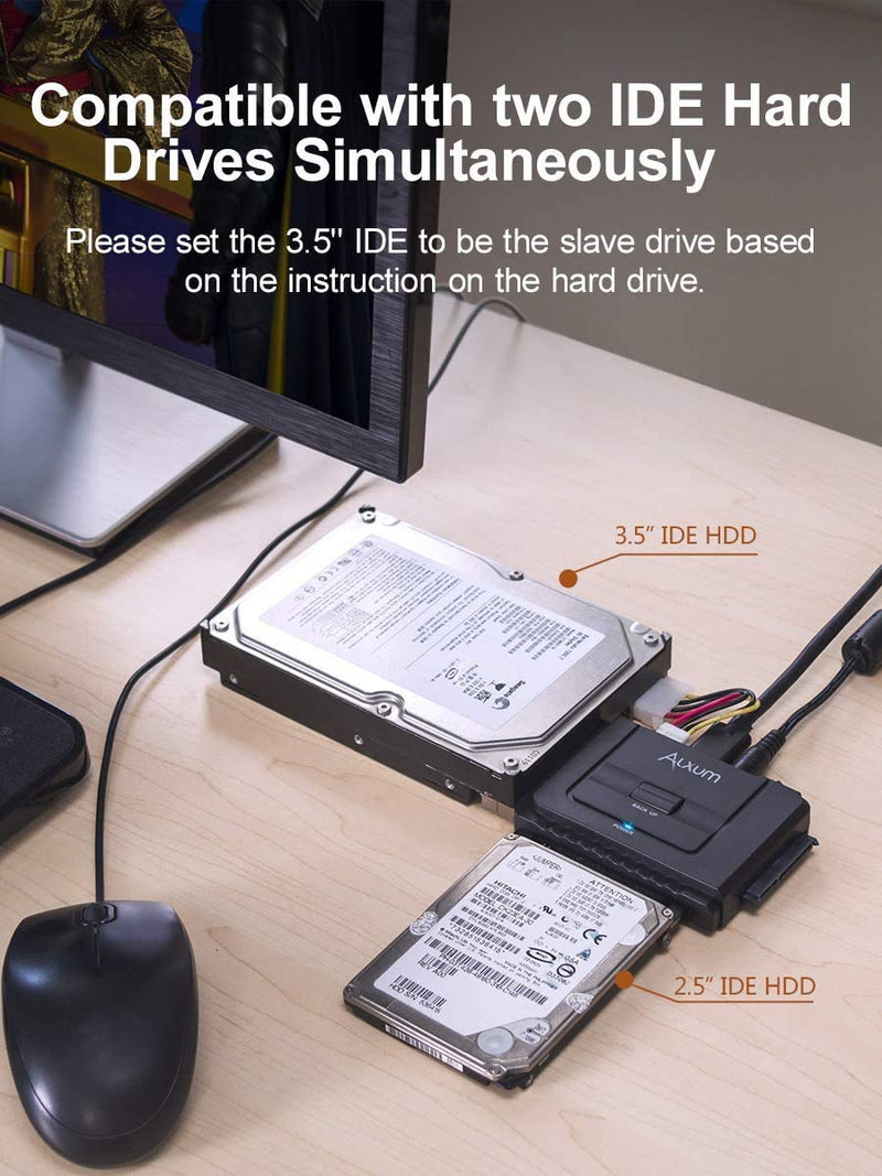 Alxum USB 3.0 to IDE SATA Converter, Hard Drive Reader for Universal 2.5/3.5 IDE Hard Drive & SATA HDD SSD, Support One Touch Backup and Max 18TB, with 12V 2A Power Adapter & USB A Cable 80cm