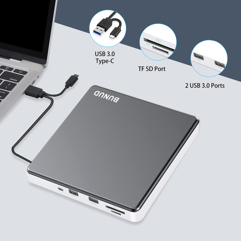 External CD DVD Drive USB 3.0 Type C CD/DVD ROM Burner CD DVD +/-RW Optical Disk Drive Reader with 2 USB and TF/SD Slots Slim Portable Writer Player for Laptop Mac MacBook Windows 11 10 PC Linux OS