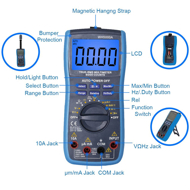 MMOBIEL Professional Digital Multimeter CAT III 1000V CAT IV 600V - 6000 Count - Test AC/DC, Current, Resistance, Temperature, Continuity, Transistor Testing - Incl Test Leads, Fuse and Magnet Strap