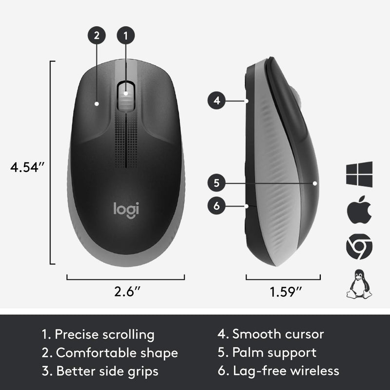 Logitech Wireless Mouse M190 - Full Size Ambidextrous Curve Design, 18-Month Battery with Power Saving Mode, Precise Cursor Control & Scrolling, Wide Scroll Wheel, Thumb Grips - Mid Grey