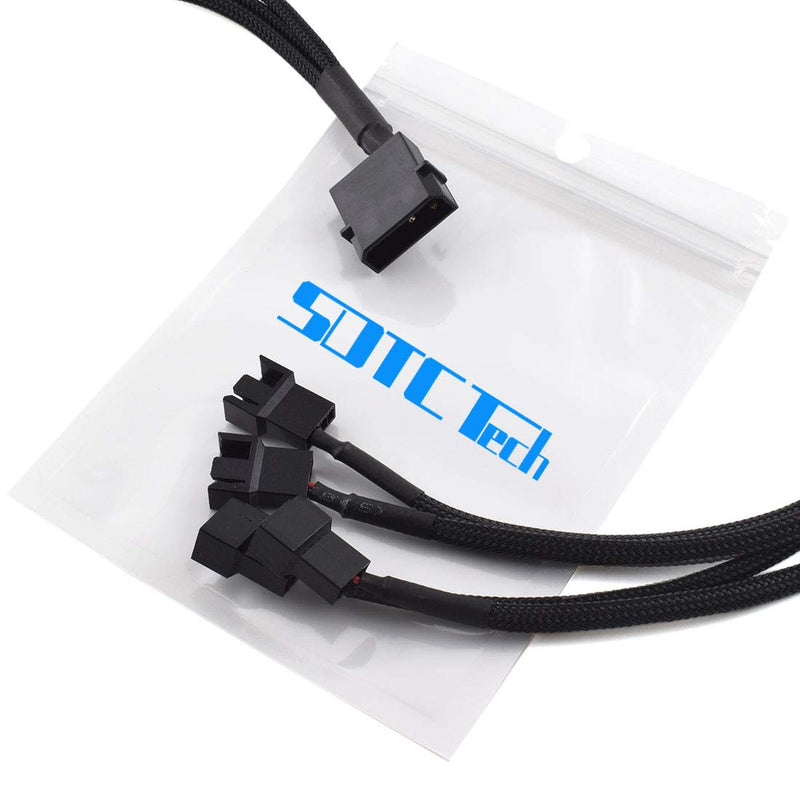 SDTC Tech Molex to Fan Power Splitter Cable, 2 Pack 4-Pin IDE to 4X 4-Pin Fan Connector Black Sleeved Y Type Extension Power Cable Compatible with 3-Pin/4-Pin PC Case Fans - 27 cm / 10.5 inch 1 to 4
