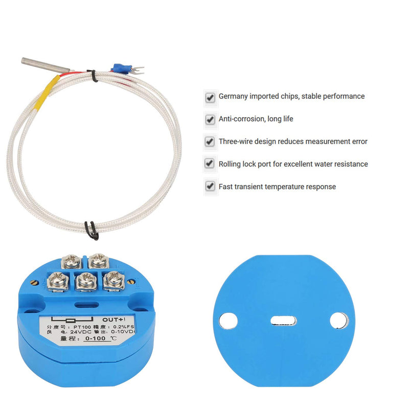 Temperature Transmitter, PT100 Temperature Sensor DC24V Output -50~400 Degree 0~10V Temperature Transmitter with 1M Sensor