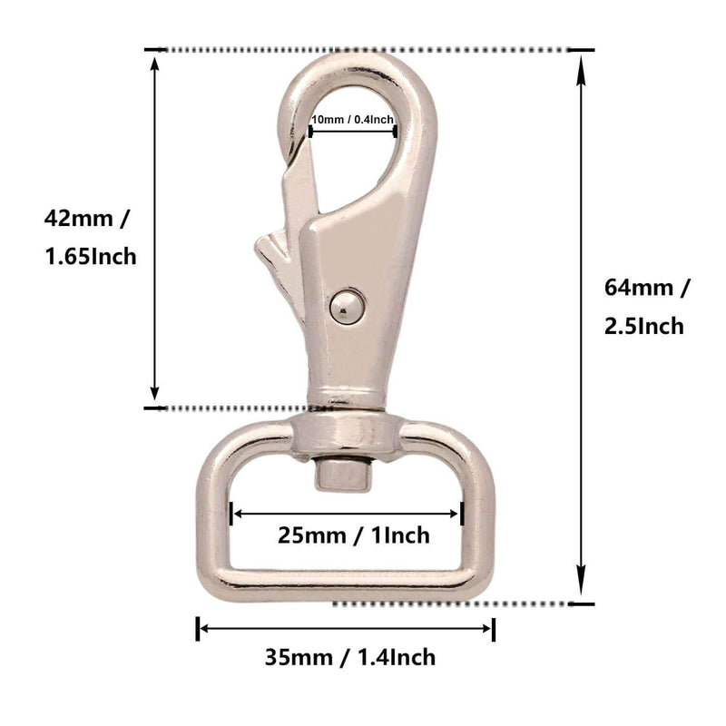 BIKICOCO 1'' Swivel Trigger Tilt & Bump Thumb Knob Bolt Snap Hook Lobster Claw Clasp Spring Loaded Clip, Round-Corner-Ring Ended, Silver - Pack of 10 Silver x 10 Pcs