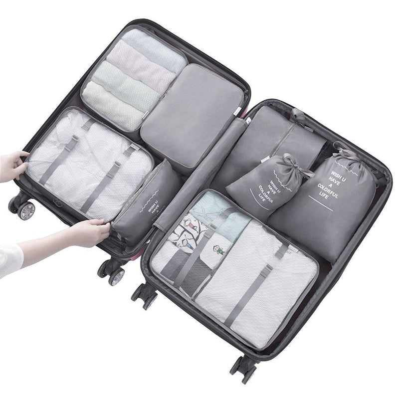 Vercord 8 Set Travel Packing Pods Luggage Organizers Cubes with Laundry Bags Accessories, Grey