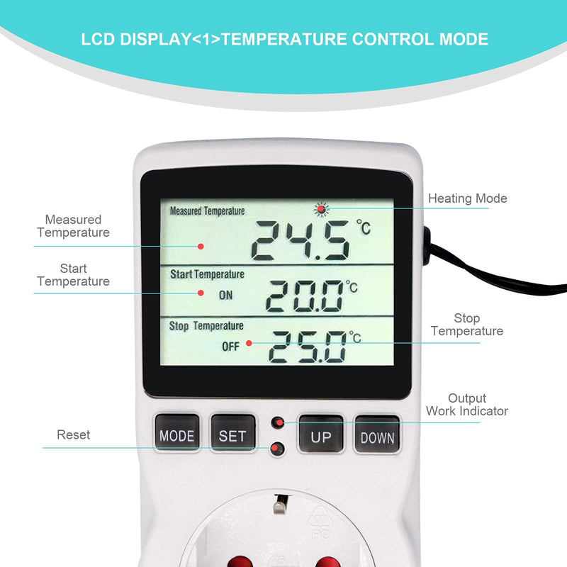 RUIZHI Digital Temperature Controller Sockets Heating Cooling Thermostat 250V with Sensor Socket and Probe LCD Screen for Greenhouse, Aquarium, Terrarium, Reptiles (EU).