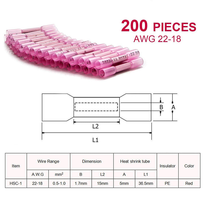 200 PCS Heat Shrink Butt Connectors Qibaok Waterproof Insulated Electrical Crimp Wire Connectors Butt Splice Terminal 22-18 AWG for Automotive Marine Boat Truck Trailer Stereo