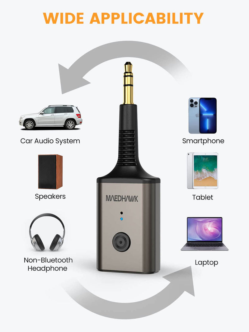 MaedHawk Aux Bluetooth Adapter for Car, Portable Bluetooth 5.3 Car Adapter, Rotatable 3.5mm Bluetooth Wireless Audio Receiver for Car/Home Stereo/Speaker/Wired Headphones, Hands-Free Calls