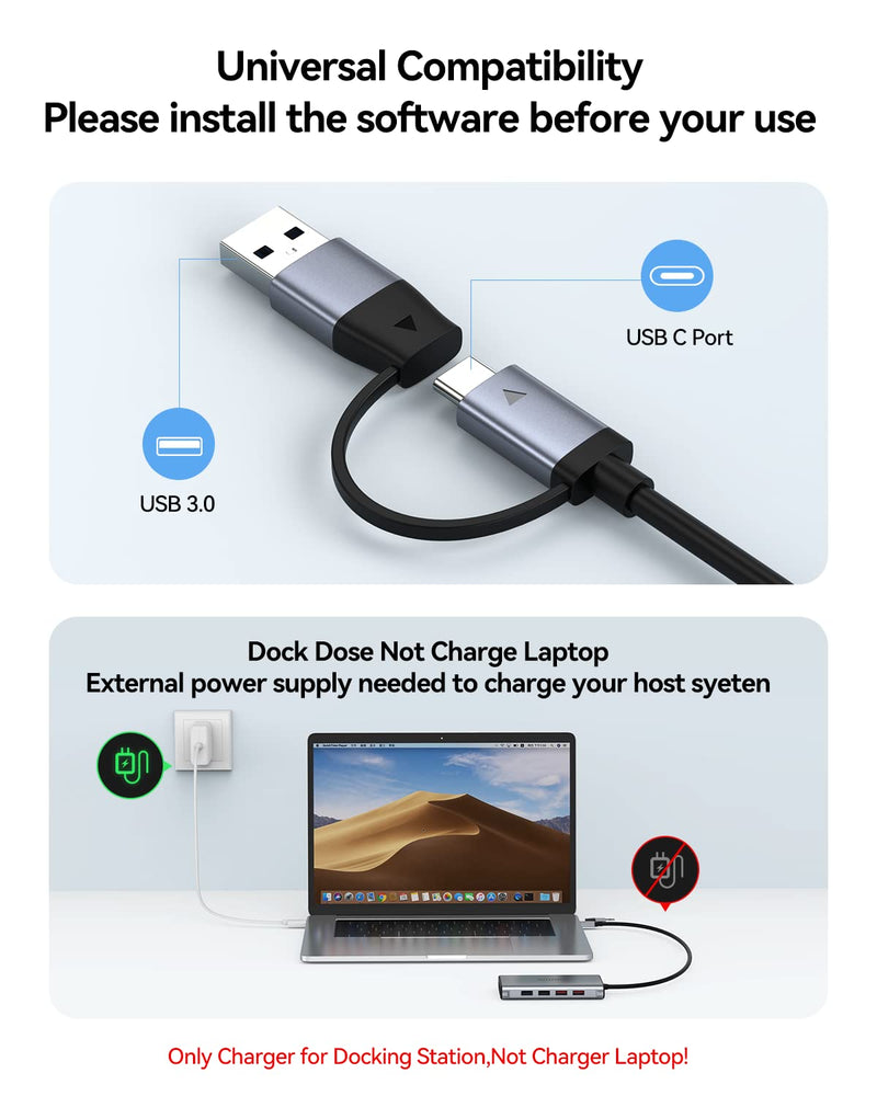 USB Docking Station Dual Monitor, GIISSMO 9-in-1 USB A 3.0 / USB C Docking Station Triple Monitor with 2 HDMI,VGA, 10Gbps USB 3.1, Gigabit Ethernet, Triple Display for Mac & MacBook & Windows Laptop Grey