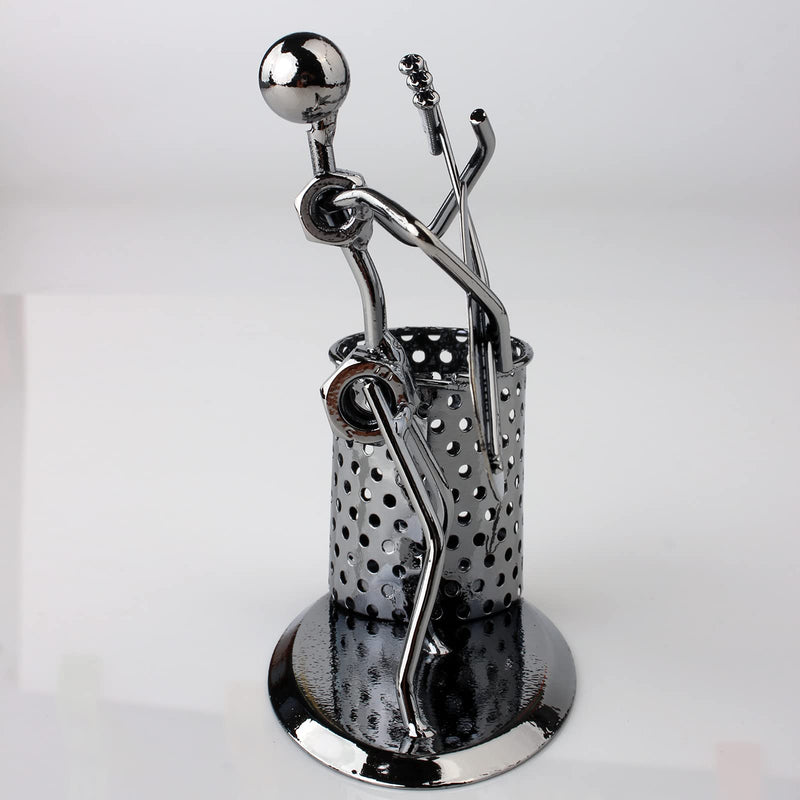 HAZOULEN Metal Art Pen Pencil Holder with a Musician Playing Music, Office Home Decoration Desk Container Desktop Organizer