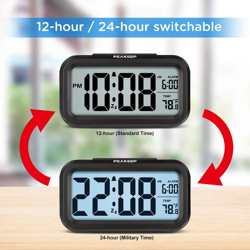 PEAKEEP Smart Night Light Digital Alarm Clock with Indoor Temperature, Battery Operated Desk Small Clock (Black) Black