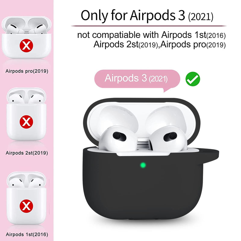 R-fun AirPods 3 Case Cover, Silicone Protective Accessories Skin with Keychain Compatible with Apple AirPod 3rd Generation 2021 for Women Men Girls Boys,Front LED Visible-Black A-Black
