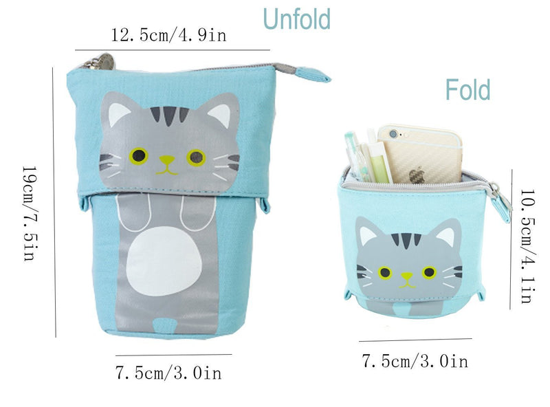 Telescopic Pencil Pouch Standing Pen Holder Cute Pencil Bags Stand Up Pen Case Cartoon Pencil/Pens Storage Box Canvas+PU Stationery Organizer Makeup Bag with Zipper Closure (Blue) Blue