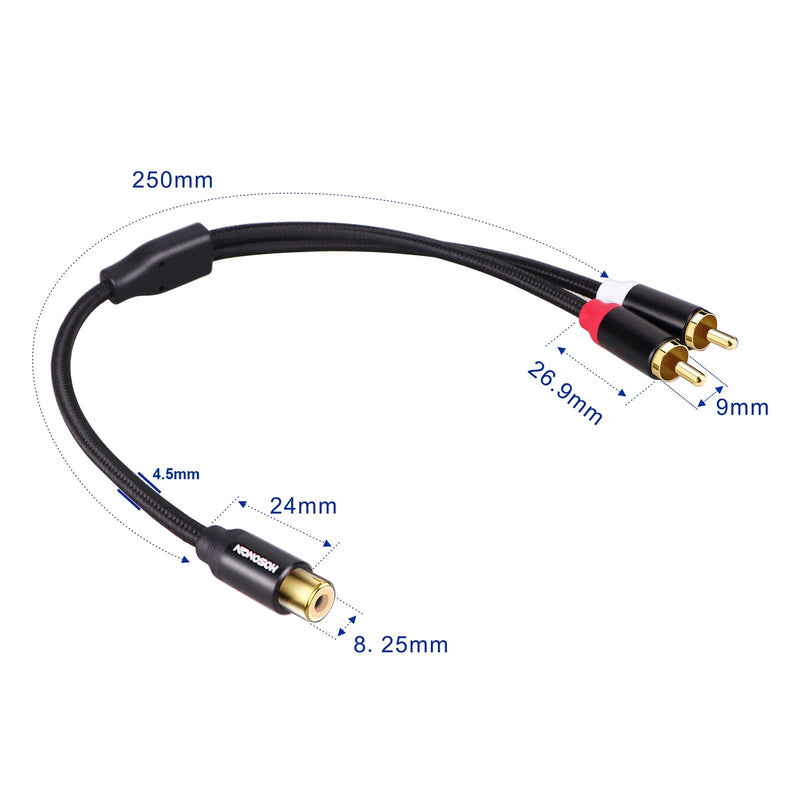 Subwoofer Cable RCA Splitter 1 Female to 2 Male, HOSONGIN RCA Y Adapter Splitter Cable with Black Cotton Braided Jaket and Gold-Plated Plug, 2 Pack/Length: 12 inch
