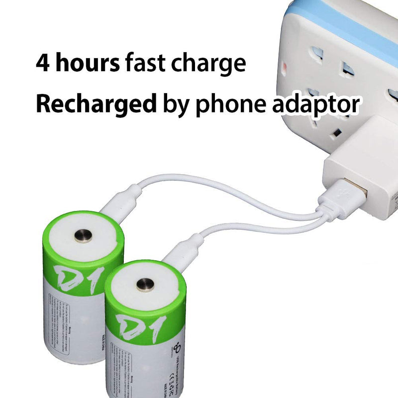 USB D Lithium ion Rechargeable Battery, High Capacity 1.5V 12000mWh Rechargeable D Battery, 4 H Fast Charge, 1200 Cycle with Type C Port Cable, Constant Output,2-Pack 2* D battery