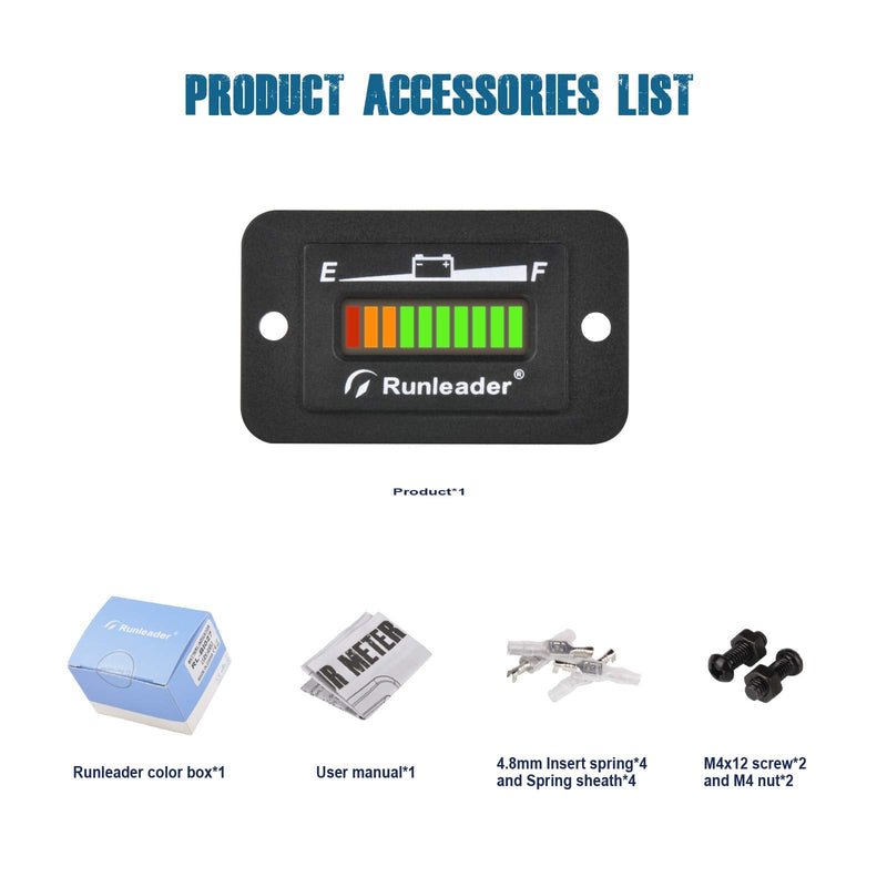 Runleader 12V 24V 36V 48V LED Battery Indicator, Battery Capacity Meter,Monitor of Battery Charge &Discharge for Golf Cart Electric Vehicle Star Car Stacking Machine Alternator. (12/24V) 12/24V