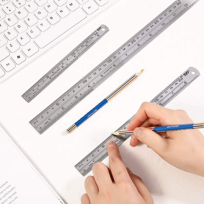 SUI-lim 3 pieces stainless steel ruler, precision double side scale edge steel ruler, metal ruler for engineering, teaching and office 15cm/20cm/30cm